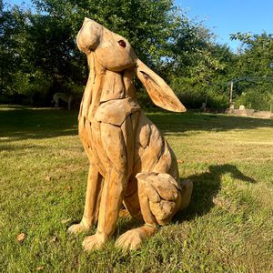 Handcrafted wooden Star Gazing Hare sculpture in garden by Art by Nature