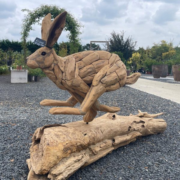 Handcrafted Running Hare sculpture made from reclaimed timber by Art by Nature